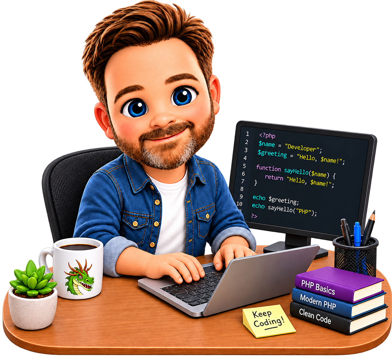 Illustratie van Eric achter zijn laptop, met Niddy op zijn koffiemok